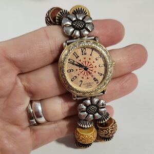 Vintage LA EXPRESS Floral Beaded Watch - Gold and Silver